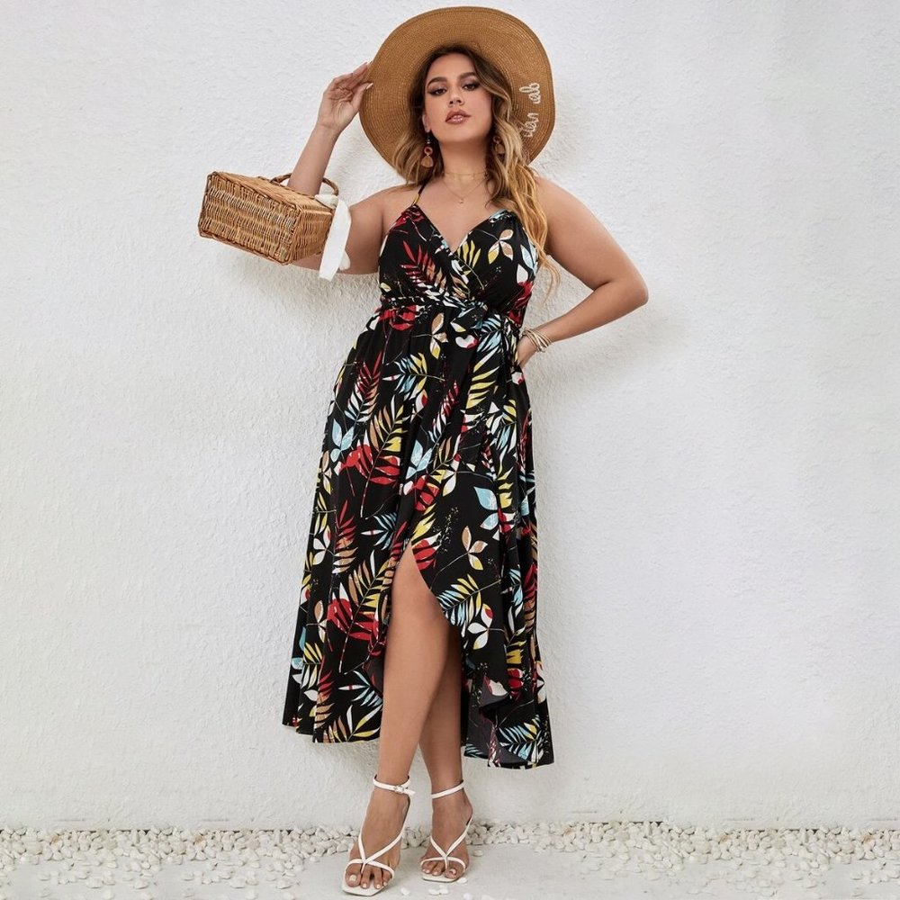 Plus Tropical Print Wrap Belted Halter Maxi Dress (NWOT) 0XL 12
